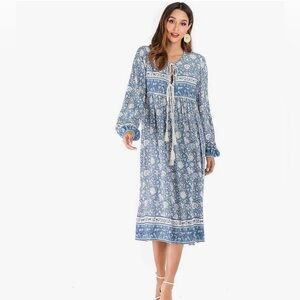 R.YIposha Long Sleeve Floral Print Tassel V Neck Boho Loose Fit Mumu Midi Dress